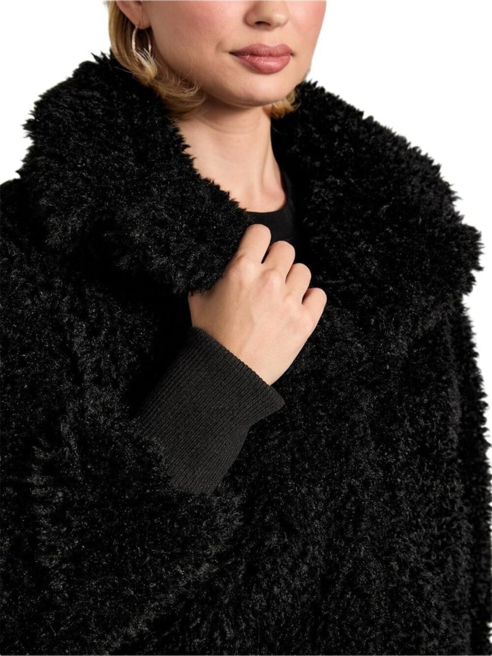 Guess Women's Jet Black Flavie Notch Collar Long Sleeve Faux Fur Crop Jackets - Picture 3 of 4